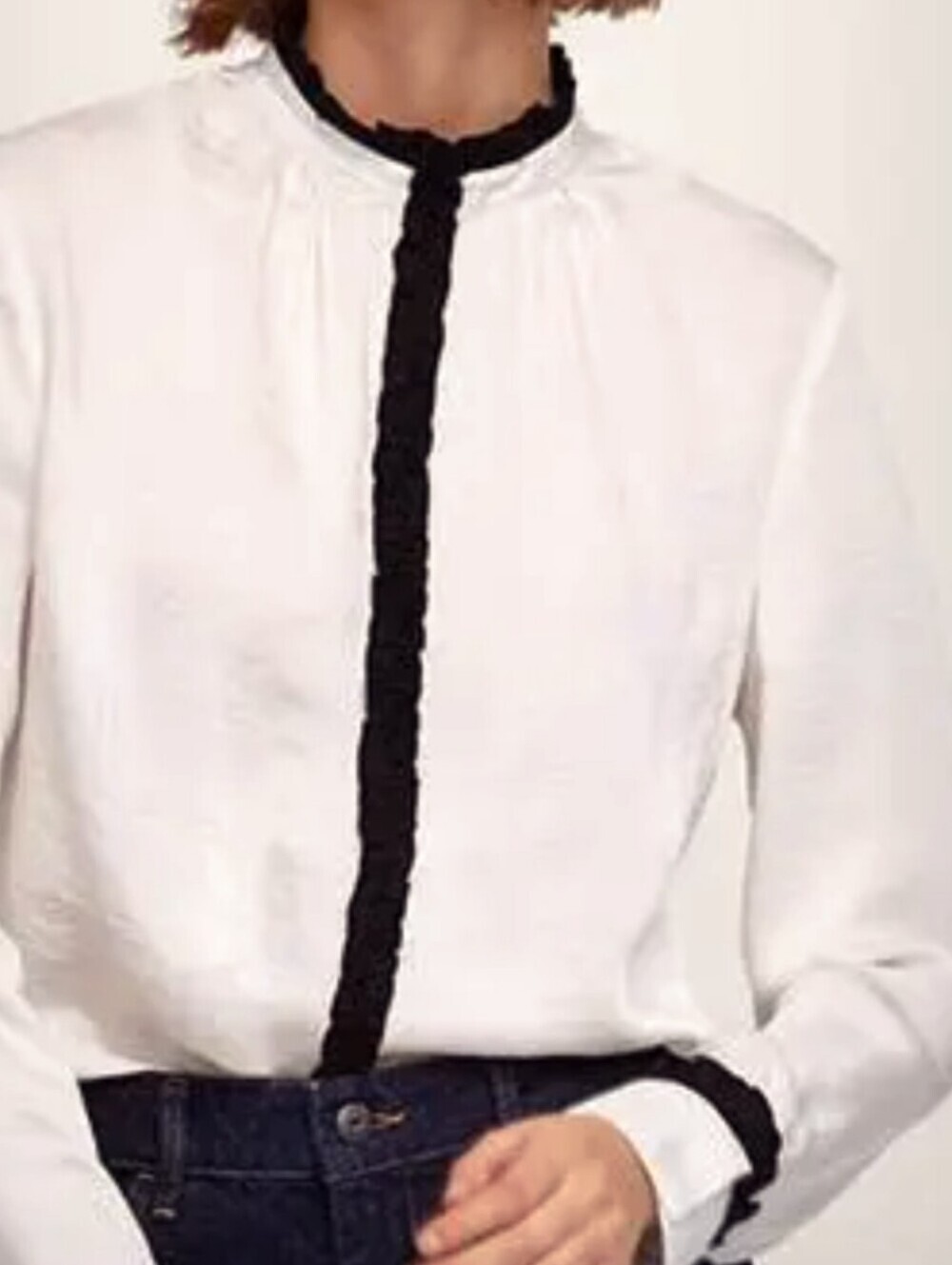 Zara Semi-sheer Ivory Blouse w/ Black Trim - Size Small
